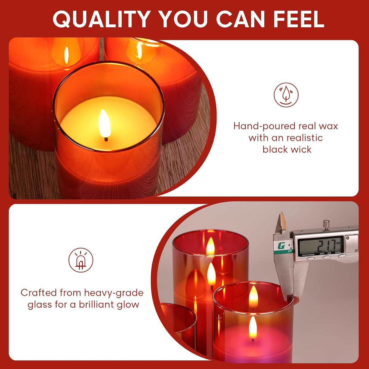 Red Christmas Glass Flameless Pillar Candles with Remote