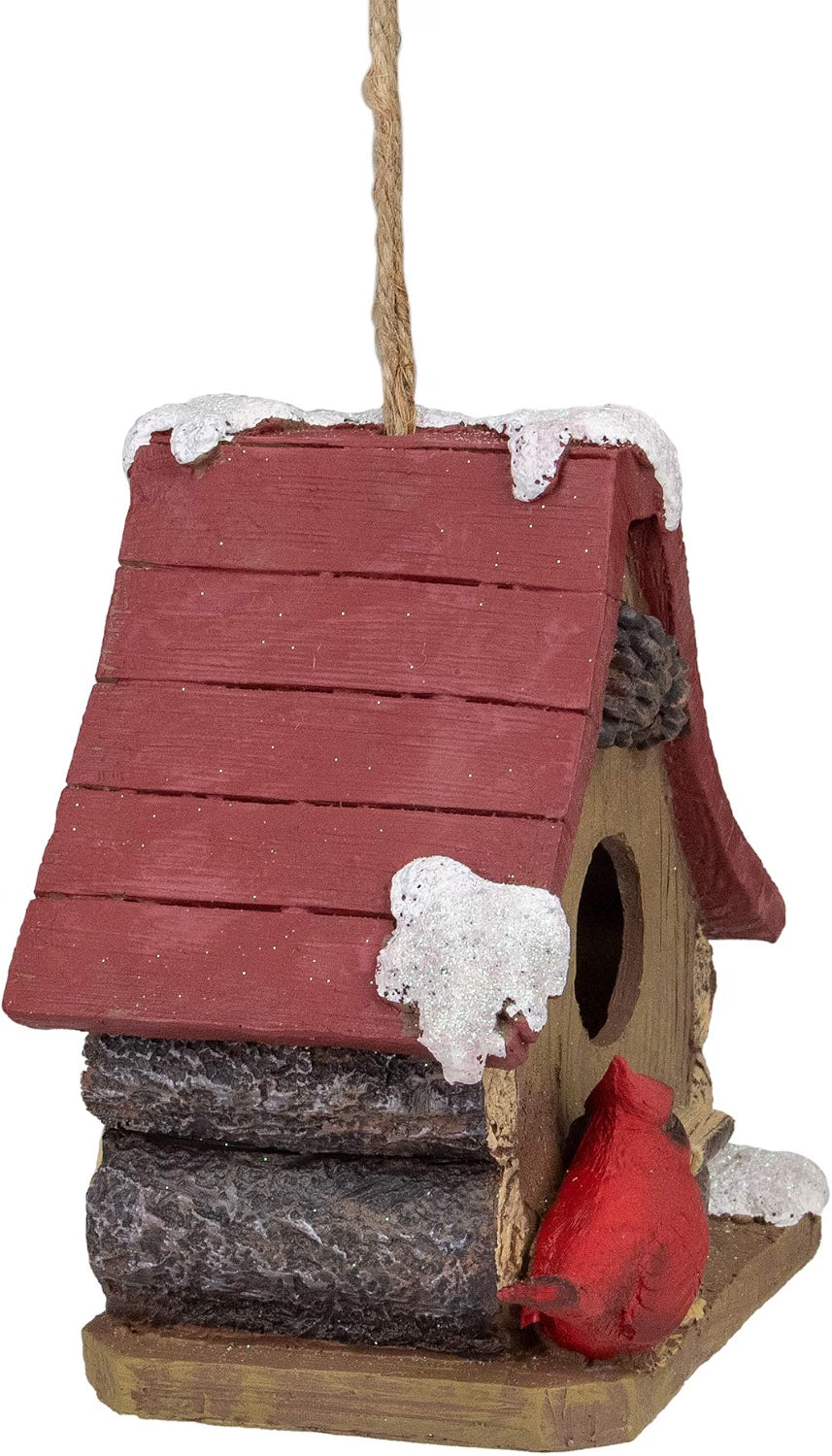 7" Brown and Red Birdhouse with Cardinals Hanging Christmas Decoration