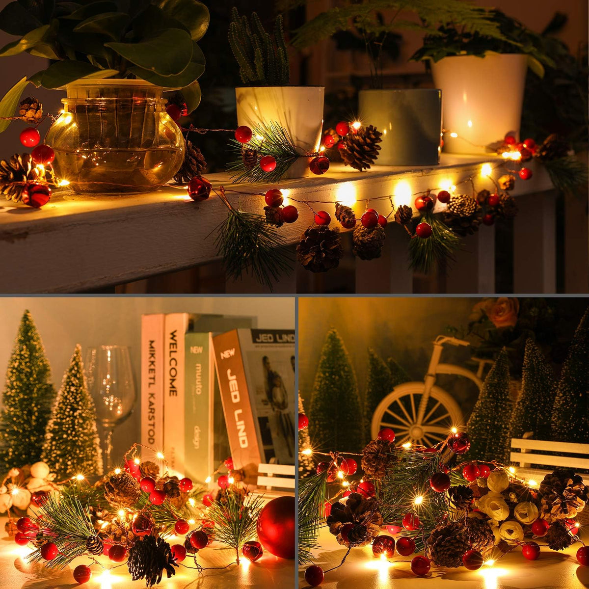 Christmas Garland with Lights, Red Berry Pine Cone 6.5FT 20 LED Garland Lights Battery Operated, Led Garland String Lights, Christmas Decorations Indoor for Home Fireplace Mantel Xmas Decor