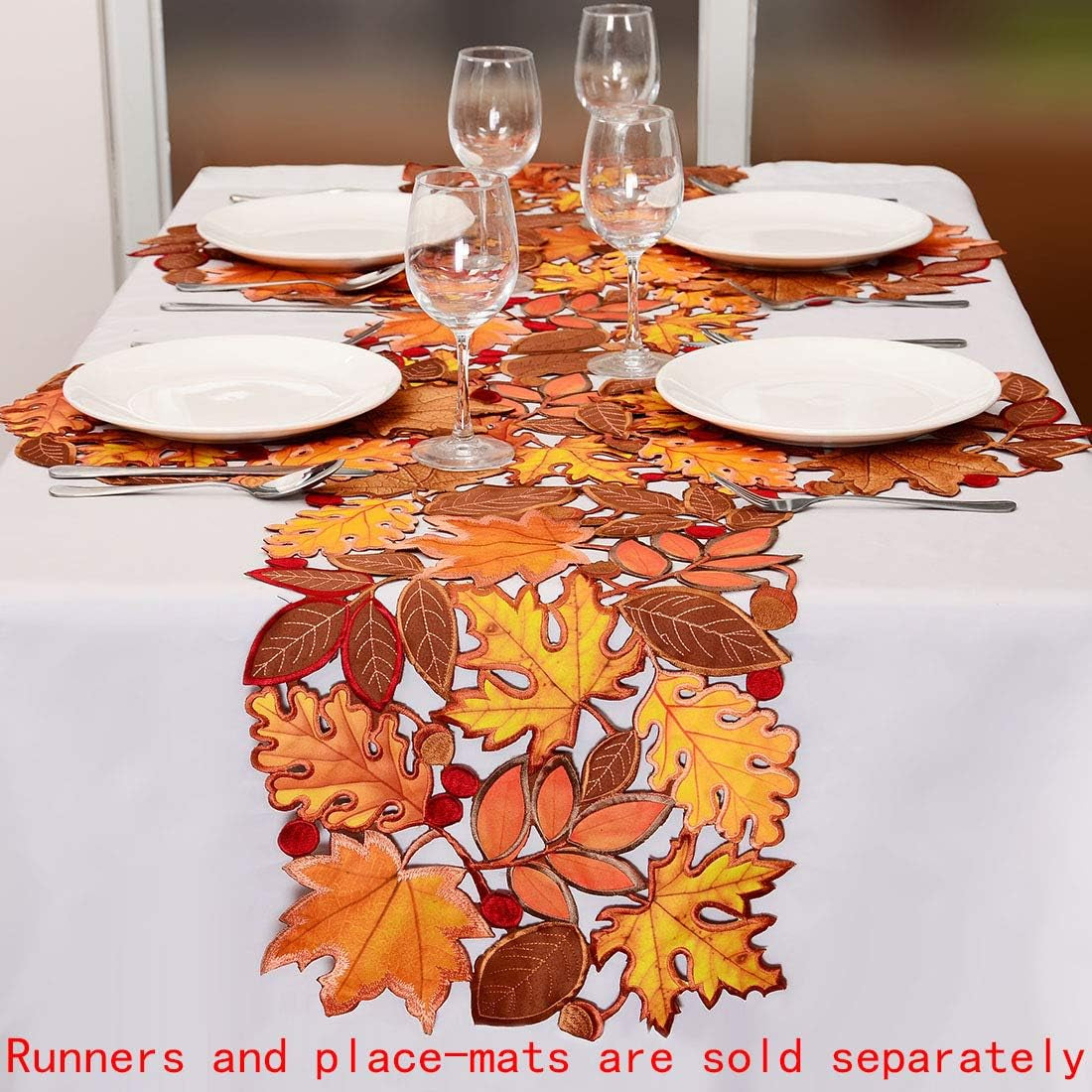 Embroidered Fall Leaves Table Runner for Thanksgiving, Autumn Harvest Decorations (14 × 88 Inches)