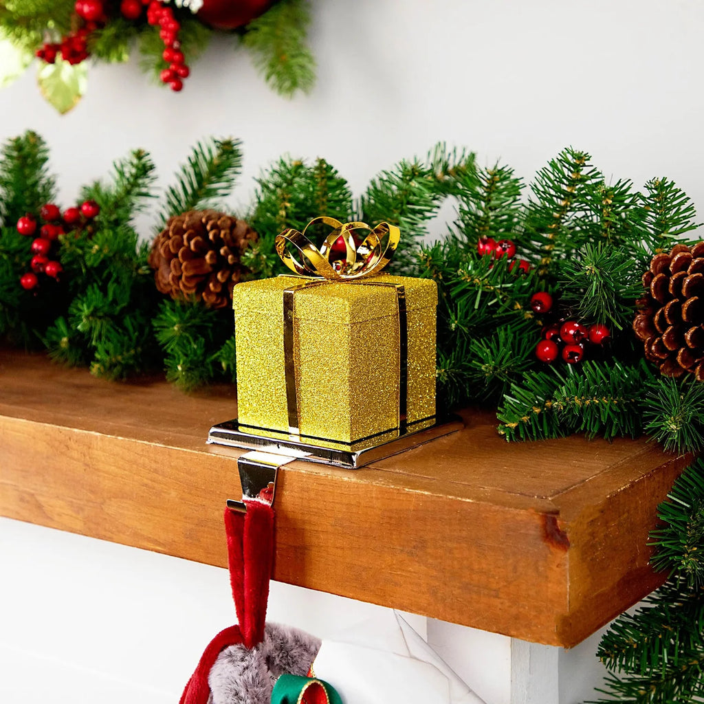 5.5" Glitter Gold and Silver Gift Box Metal Christmas Stocking Holder