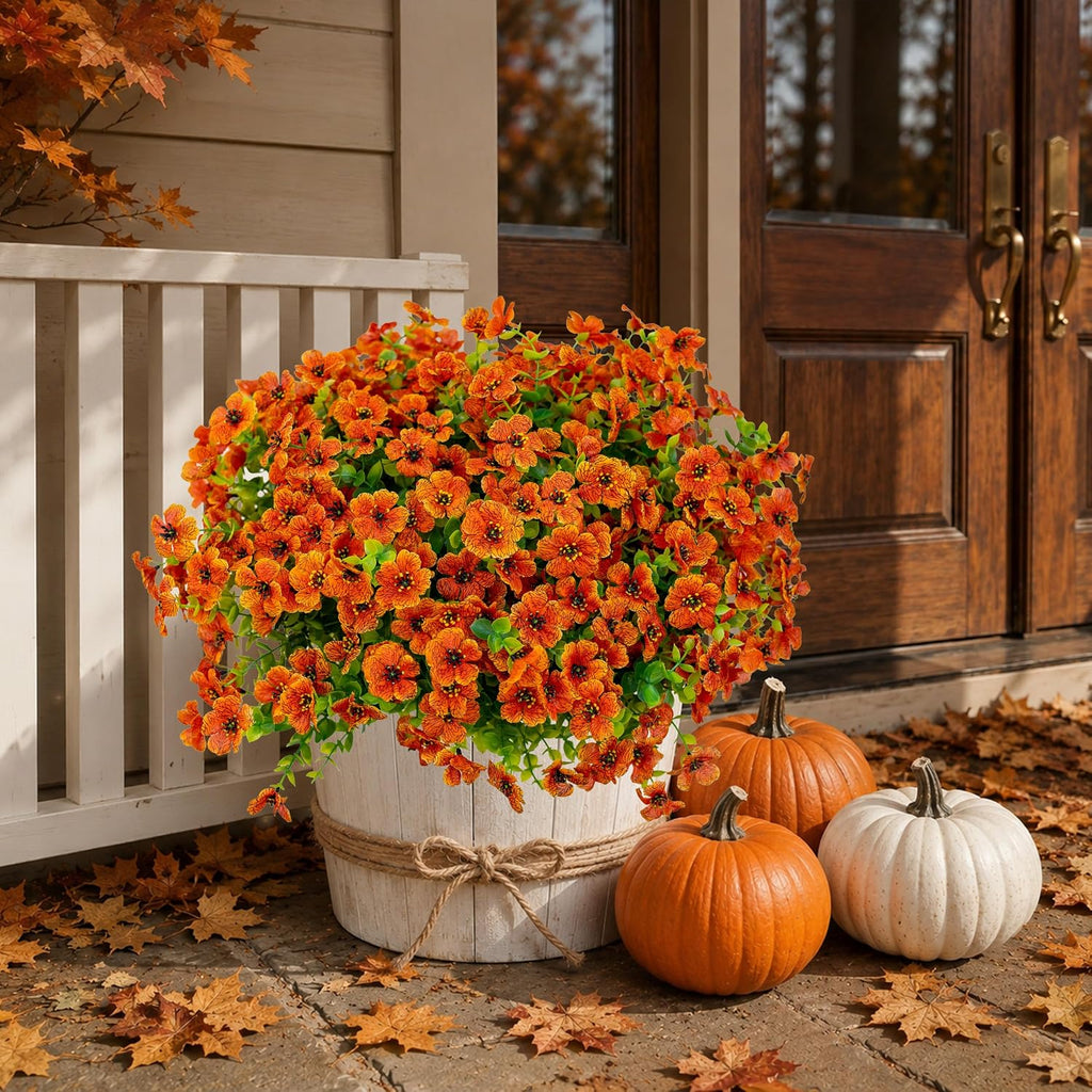 Artificial Mums for Outdoors Fake Fall Flowers Red Orange 16 Pack