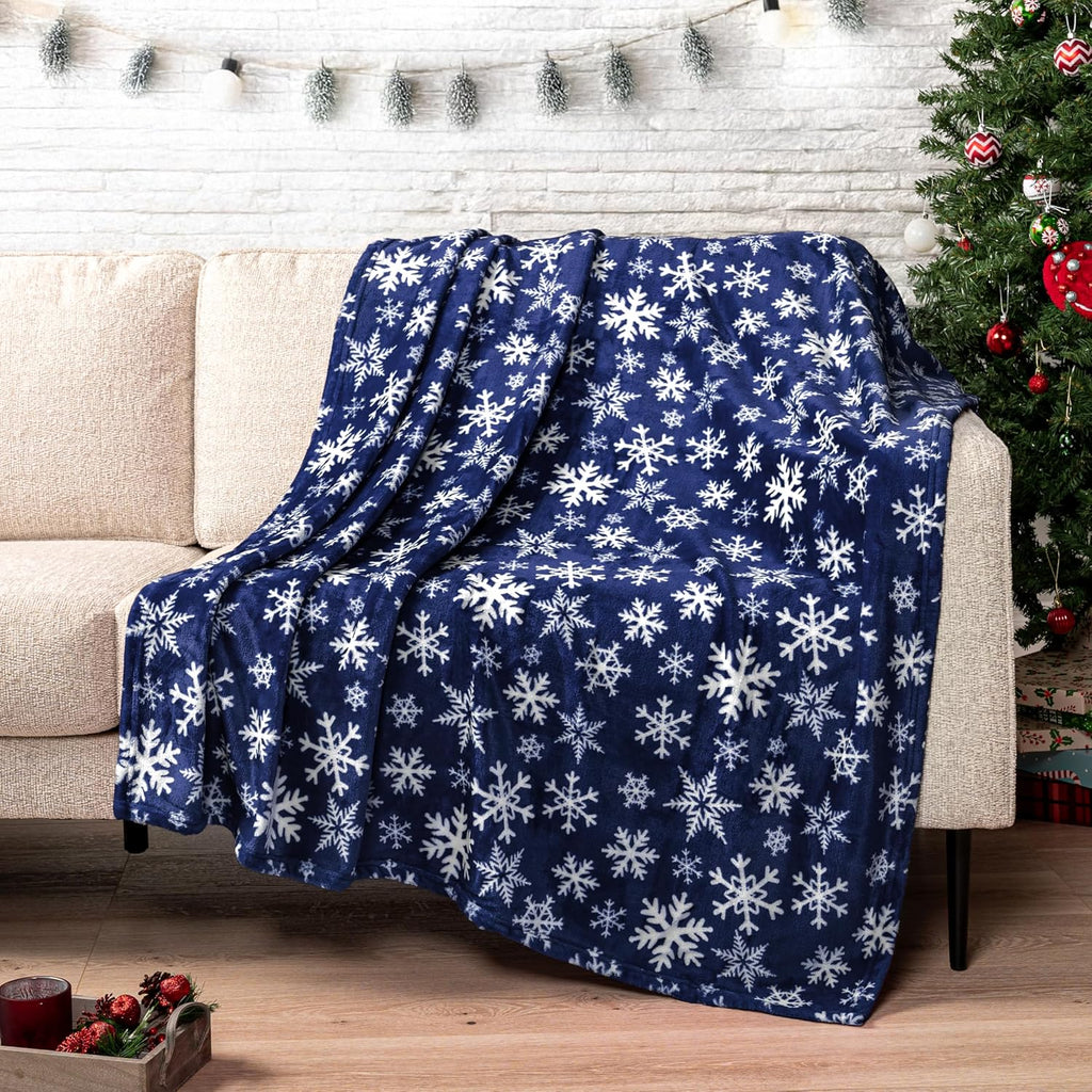 Christmas Snowflake Blanket, Navy Blue Winter Fleece Throw, 50X60