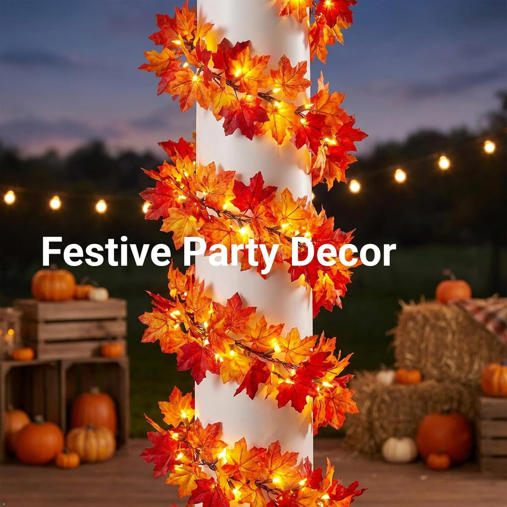Fall Leaf Garland with Lights Plug In, 11FT Lighted Maple Leaf Garland with 50 Orange Bulbs, Connectable Fall Decorations for Home, Thanksgiving Halloween Mantel Stairs Porch Decor