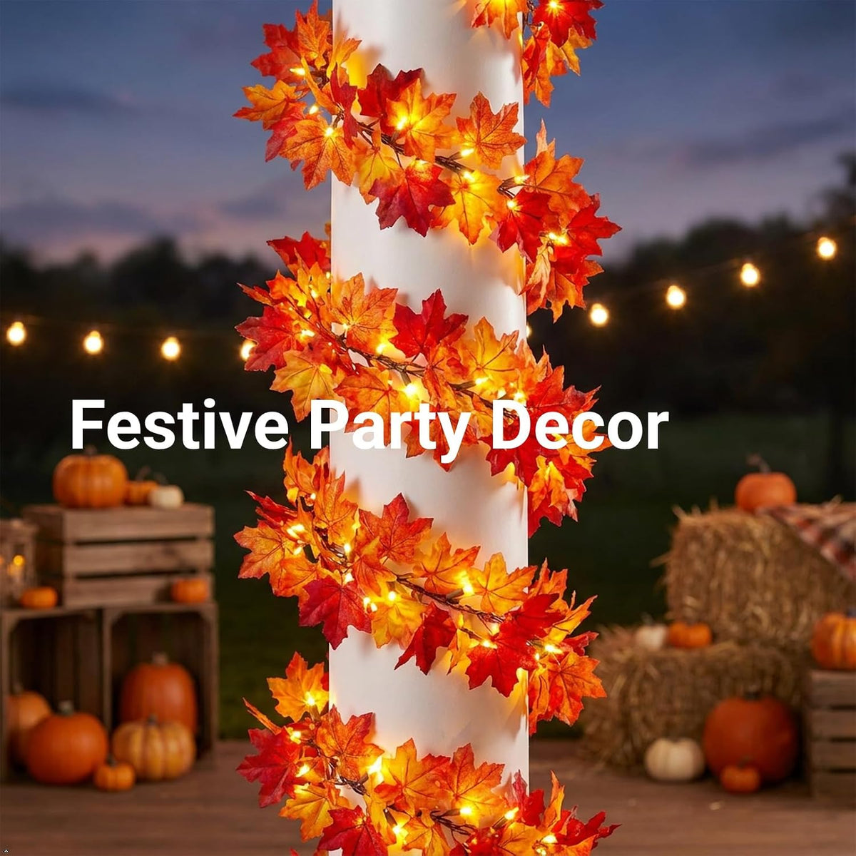 Fall Leaf Garland with Lights Plug In, 11FT Lighted Maple Leaf Garland with 50 Orange Bulbs, Connectable Fall Decorations for Home, Thanksgiving Halloween Mantel Stairs Porch Decor