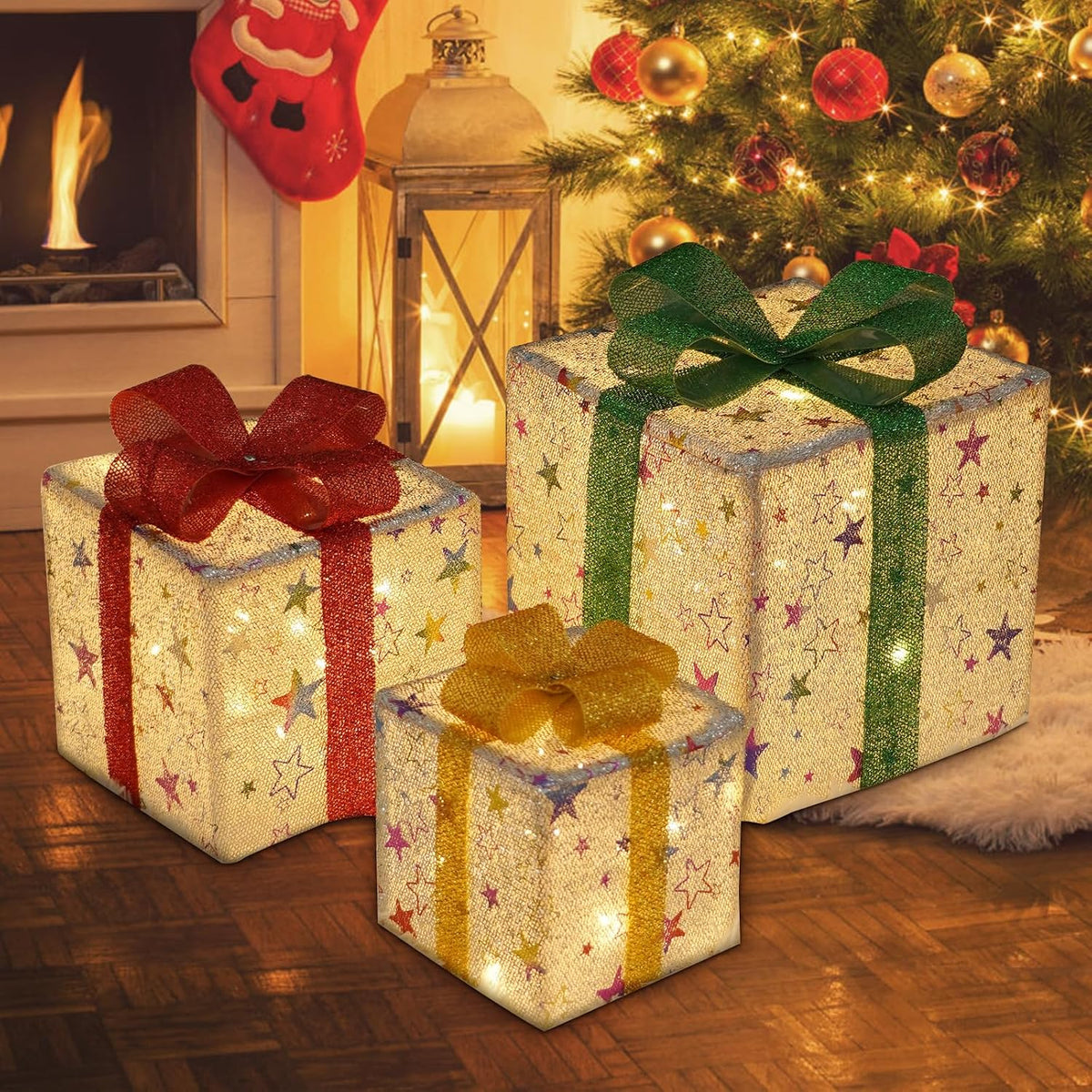 Christmas Lighted Gift Boxes Large, Set of 3 Light up Gift Boxes for Xmas Tree, Outdoor Lighted Christmas Decorations 48 LED Present Box Xmas Lighted Outdoor Display(Silver Star)