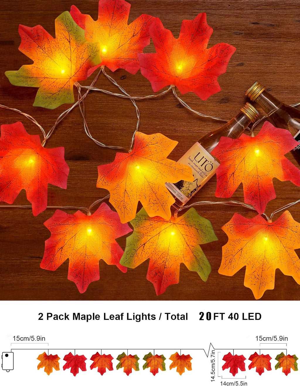 Fall Thanksgiving Decorations for Home 2Pack Total 20Ft 40LED Enlarged Maples Leaf String Lights Battery Operated Maple Leaves Garland with Lights for Indoor Outdoor Autumn Halloween Christmas Decor