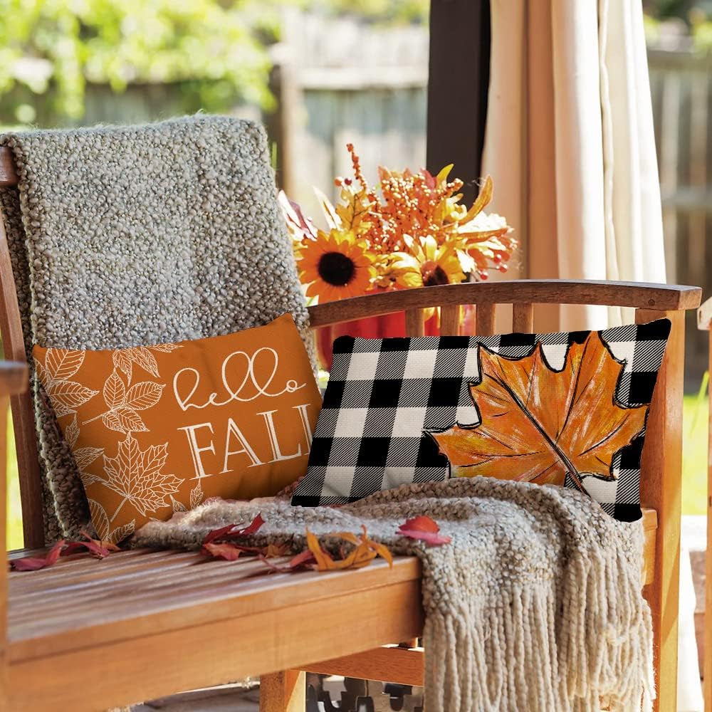 Fall Pillow Covers 12X20 Set of 4 Buffalo Plaid Pumpkin Maple Leaves