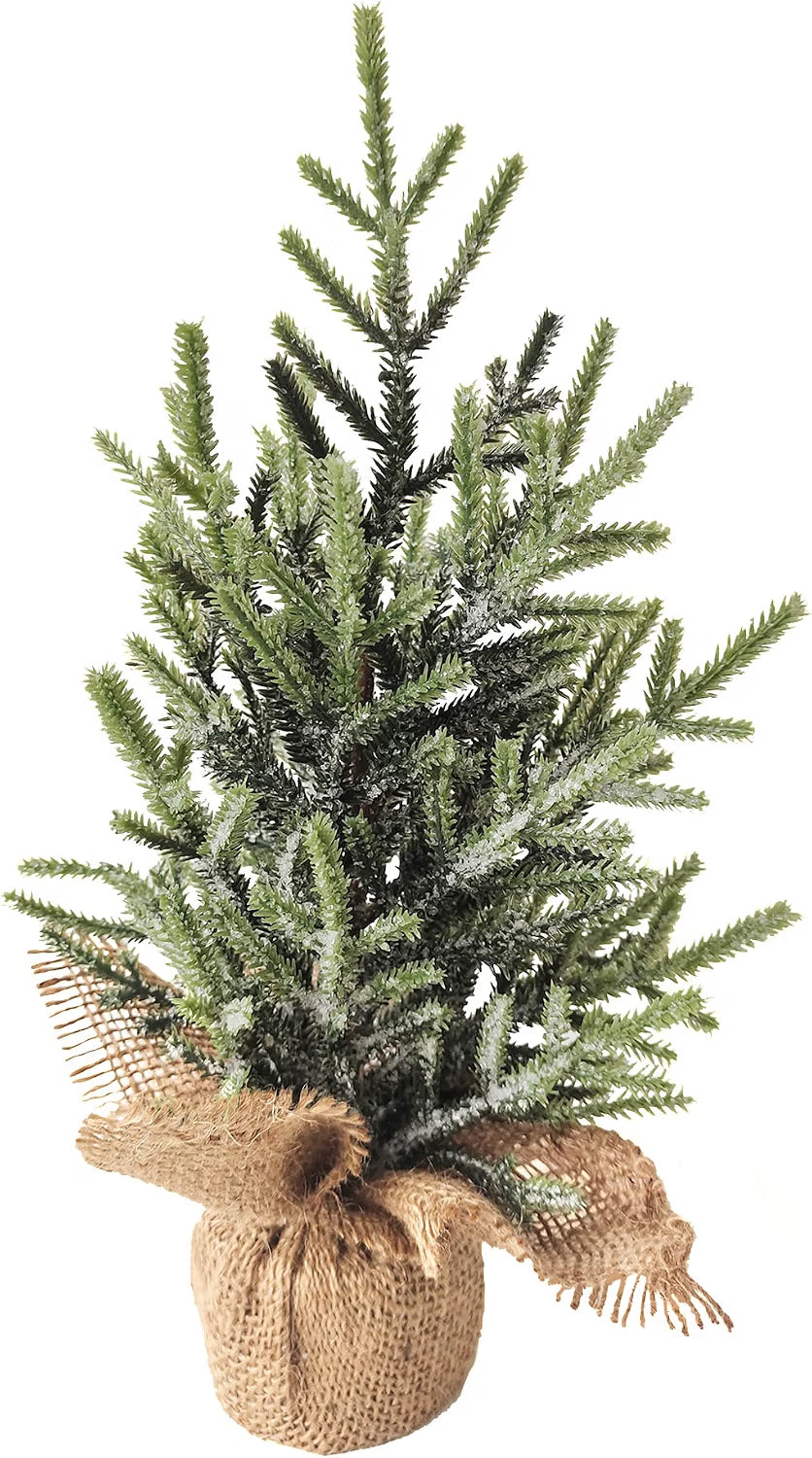 Frosted Pine Tree in Jute Base, 13.25 Inch