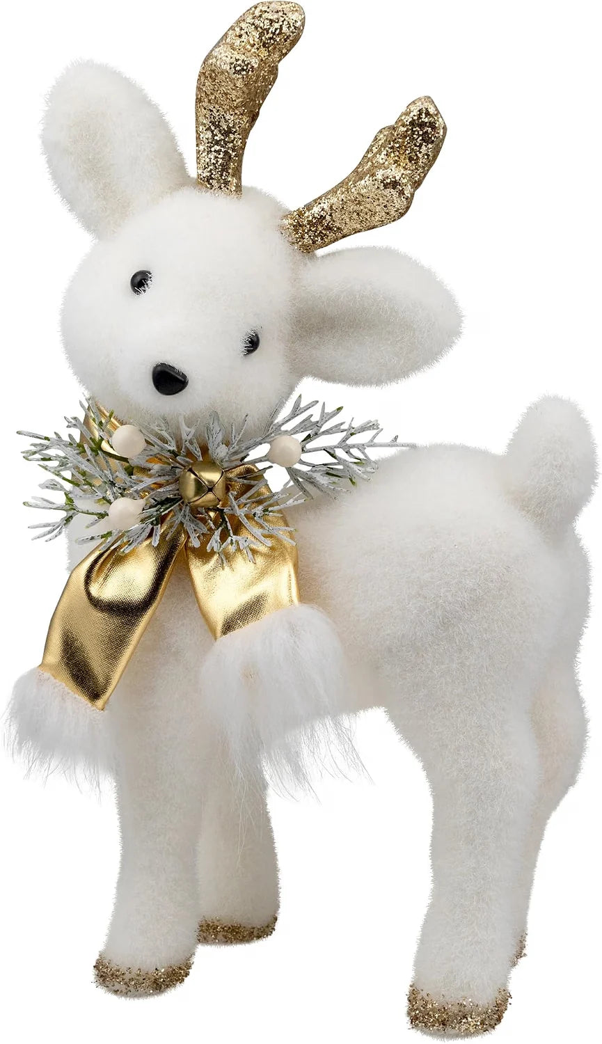 White & Gold Glittered Standing Deer with Jingle Bell, 12.25 Inch