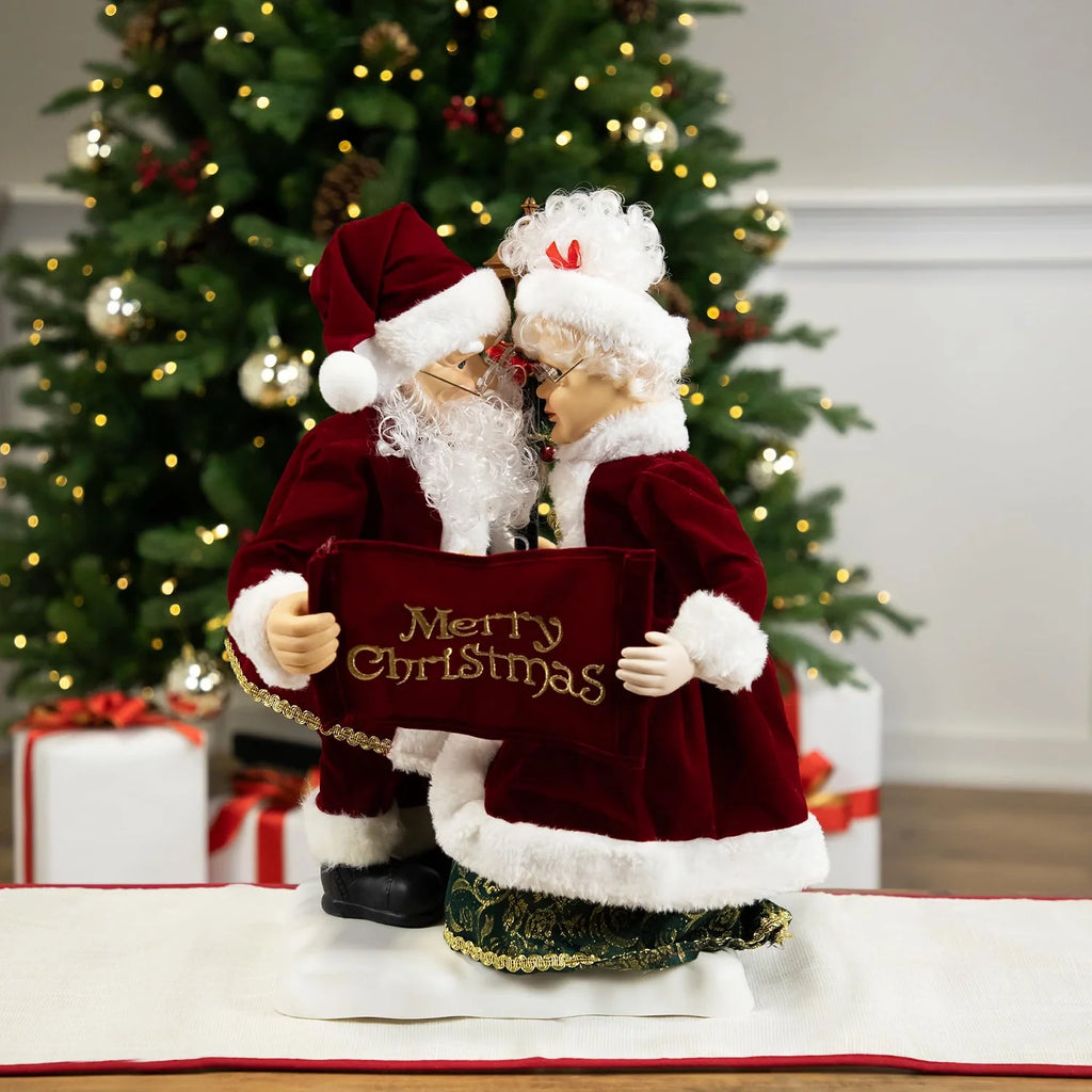 Animated and Musical Mr. and Mrs. Claus Merry Christmas with Lighted Lamppost Figure - 18"