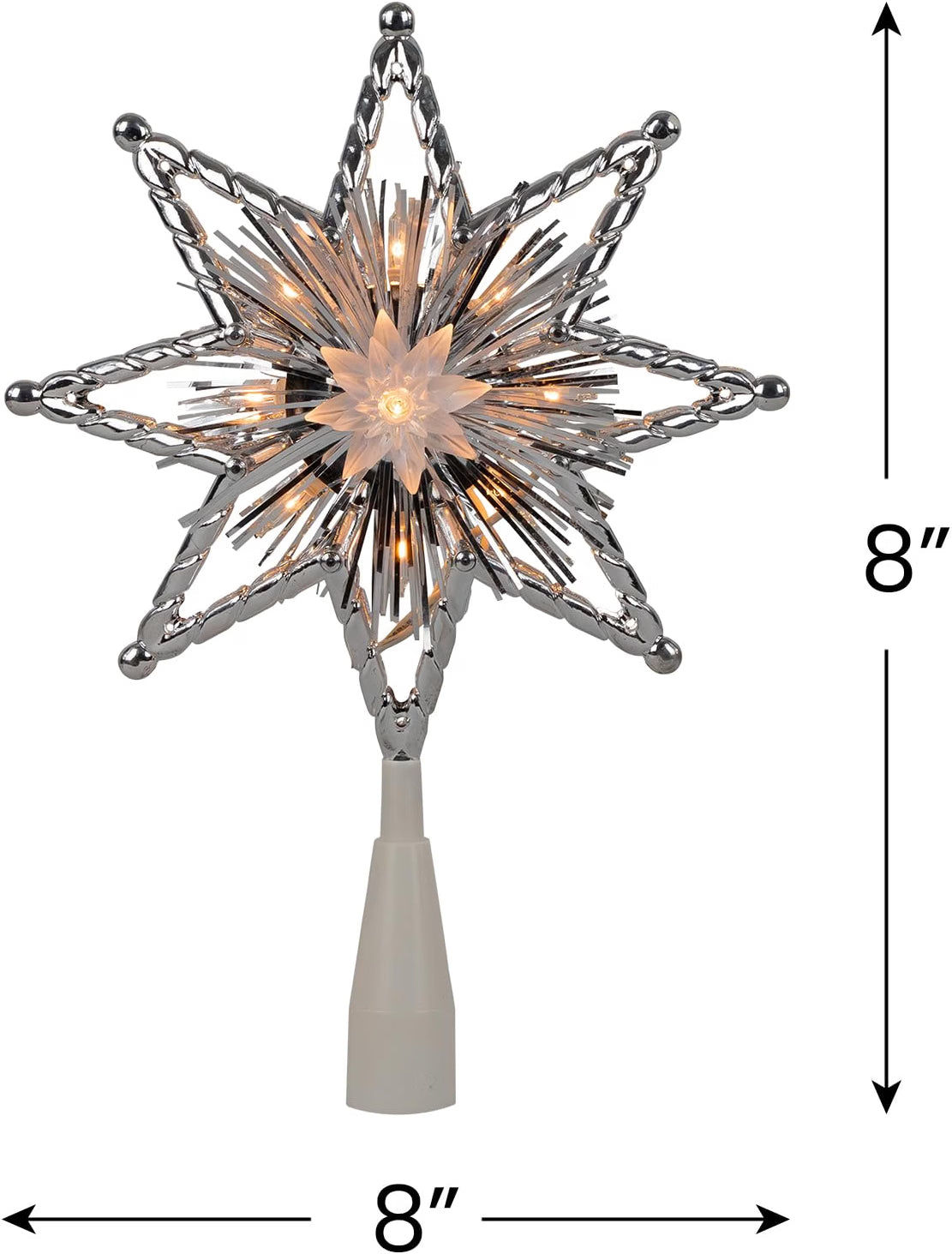 8" Lighted Silver Tinsel Star Christmas Tree Topper - Clear Lights, White Wire