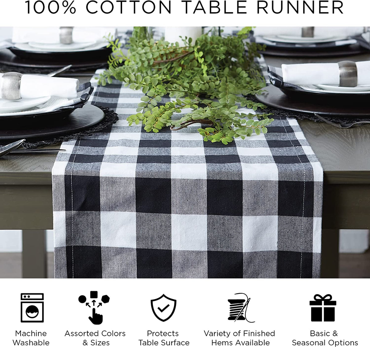 Give Thanks Plaid Fall Table Decor, Autumn & Thanksgiving Tabletop Linens, 14X72 Table Runner