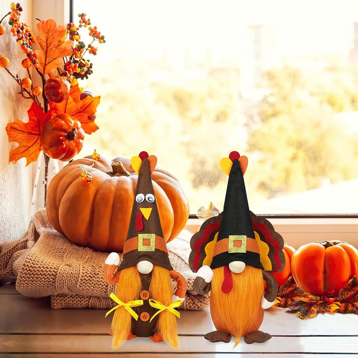 Mr and Mrs Thanksgiving Gnome Plush Decorations - 2 Pcs Turkey Gnomes Handmade Scandinavian Autumn Tomte - Fall Season Decor, Tiered Tray Decor, Thanksgiving Table Decoration, Housewarming Present
