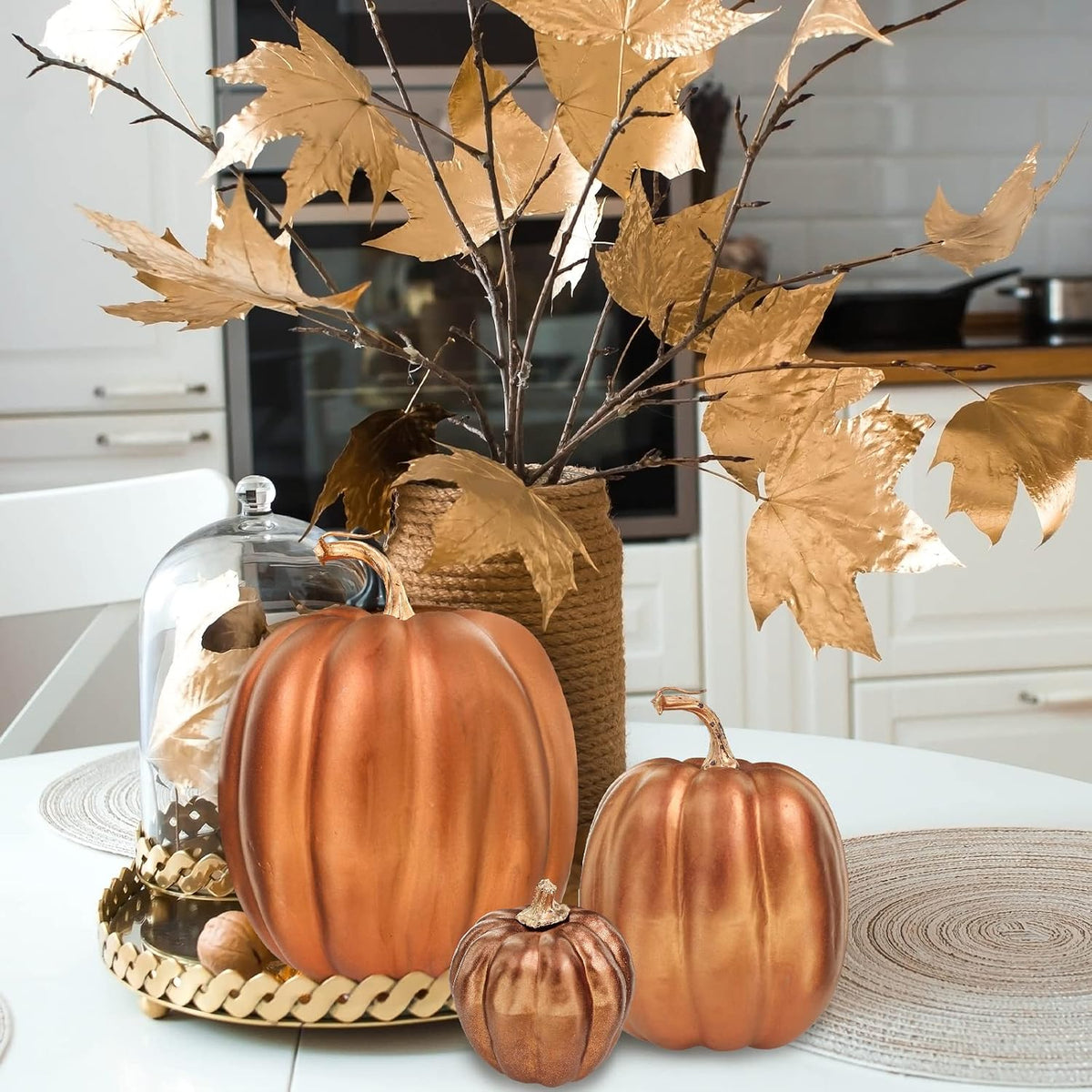 7 Pcs Assorted Sizes Artificial Metallic Bronze Pumpkins Rustic Decorative Fall Foam Pumpkins for Gifts Thanksgiving Halloween Harvest Fall Wedding Table Centerpiece Mantel Shelf Decor