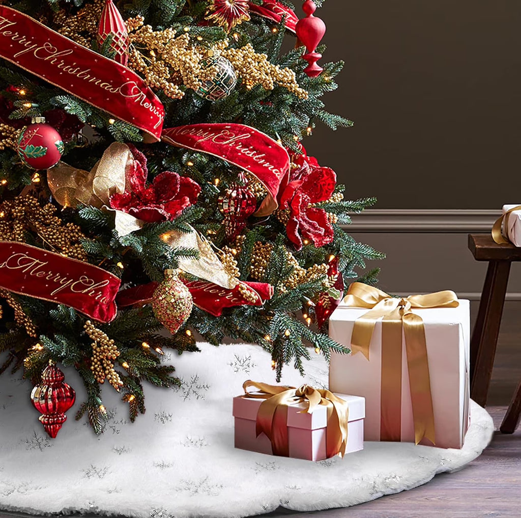 Christmas Tree Skirt, 48 Inches Faux Fur White Christmas Tree Skirt for Christmas Tree Decorations Xmas Tree Skirt (Snowflake)