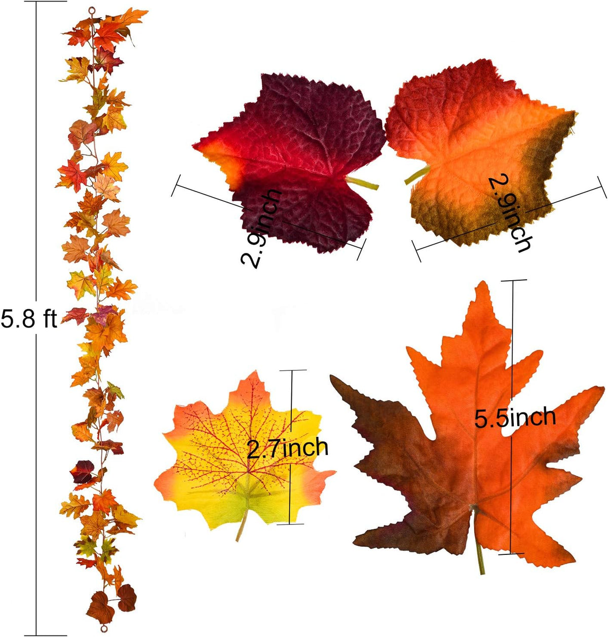 2 Pack Fall Maple Garland - 5.9Ft/Piece Artificial Fall Foliage Garland Colorful Autumn Decor for Home Wedding Party (Mixed Color)