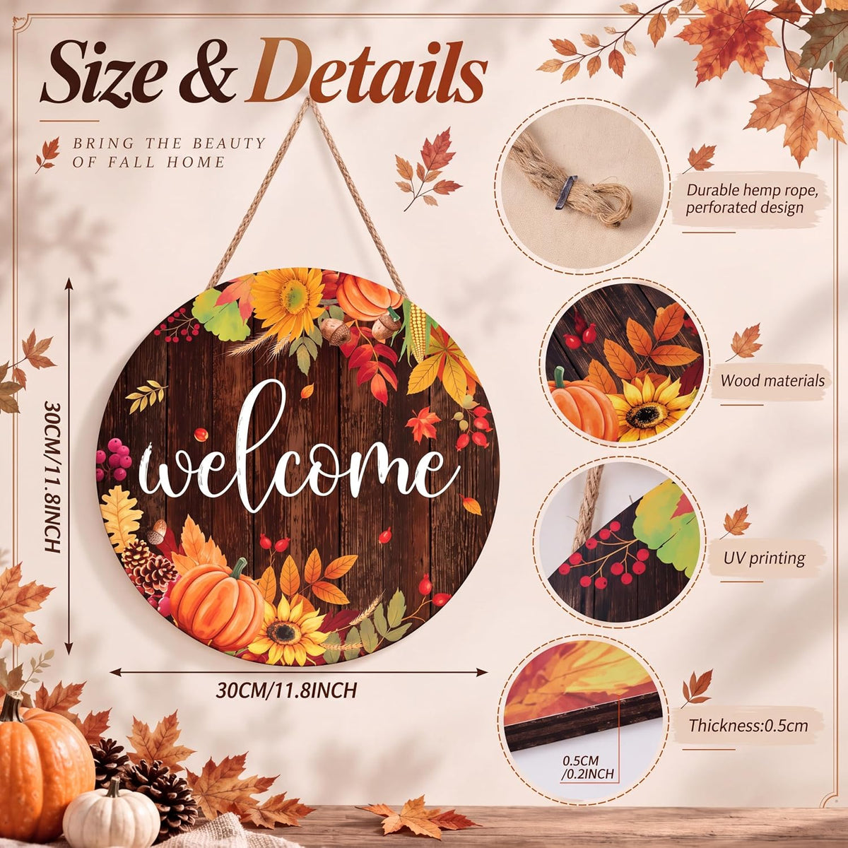 Fall Door Welcome Sign for Front Door Wooden Hanger Fall Home Decor