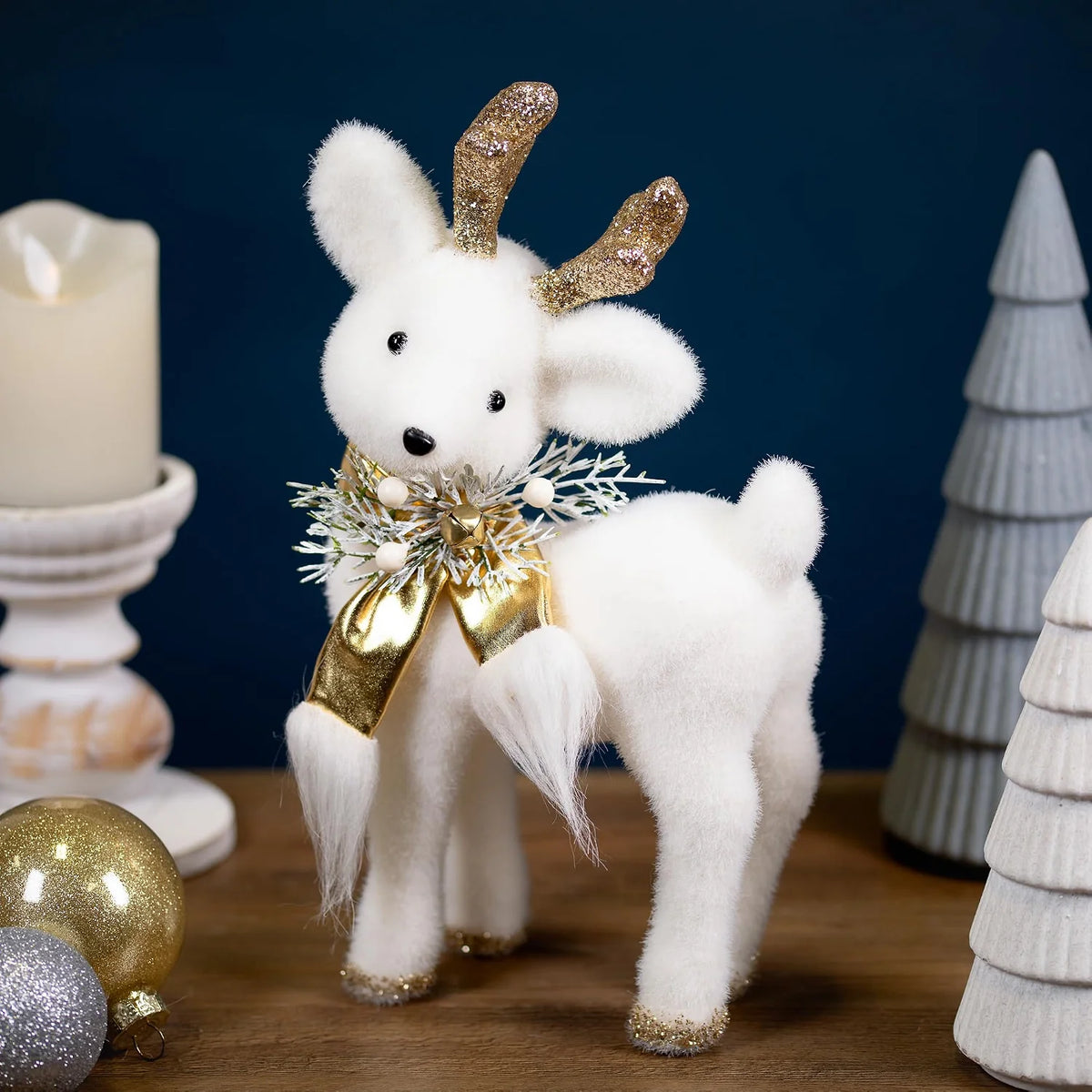 Glittered Standing Deer with Jingle Bell Christmas Figure - 12.25" - White and Gold