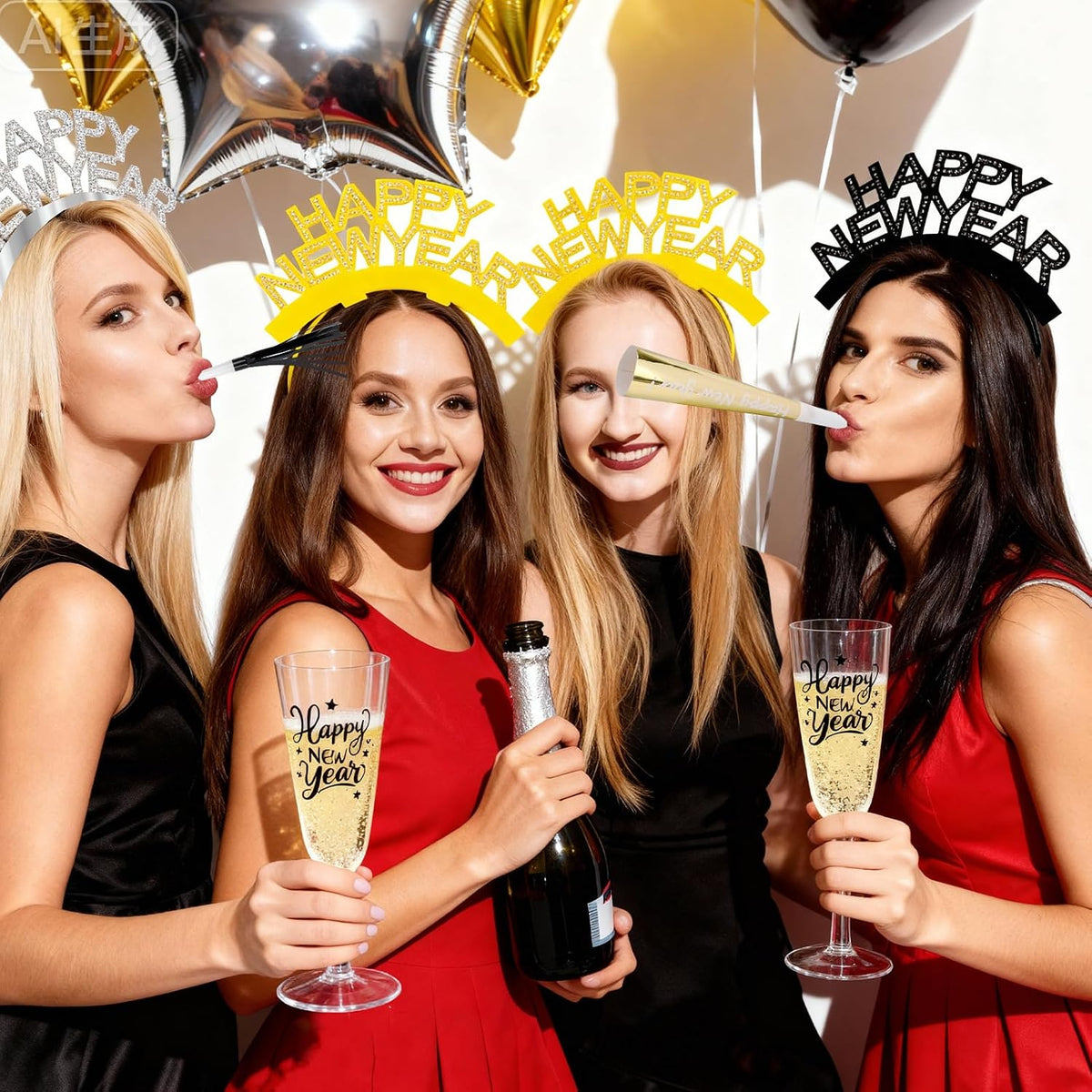 New Years Eve Party Supplies Decorations 2027, 5 Oz Disposable Champagne Flutes HAPPY NEW YEAR Headbands NYE Noise Makers, Plastic Champagne Glasses Clear Party Cups Horns New Years Eve Headband