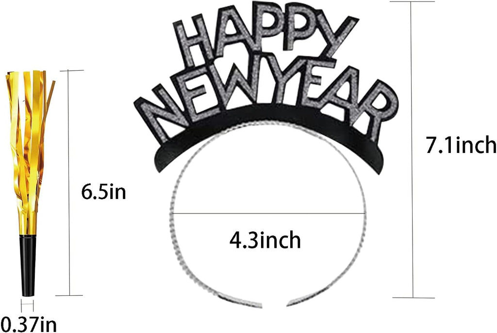 24 Pieces New Years Eve Party Supplies 2027,Happy New Year Headband Tiara,Metallic Fringed Noise Makers Gold Sliver for Kids and Adults