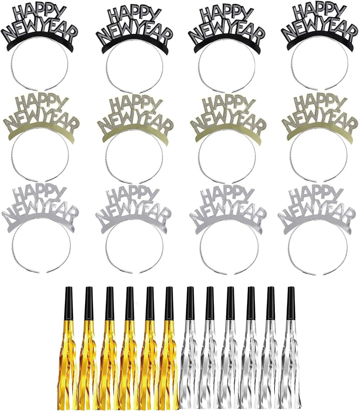 New Year's Eve Headbands & Noise Makers, Gold & Silver, 24 Pieces