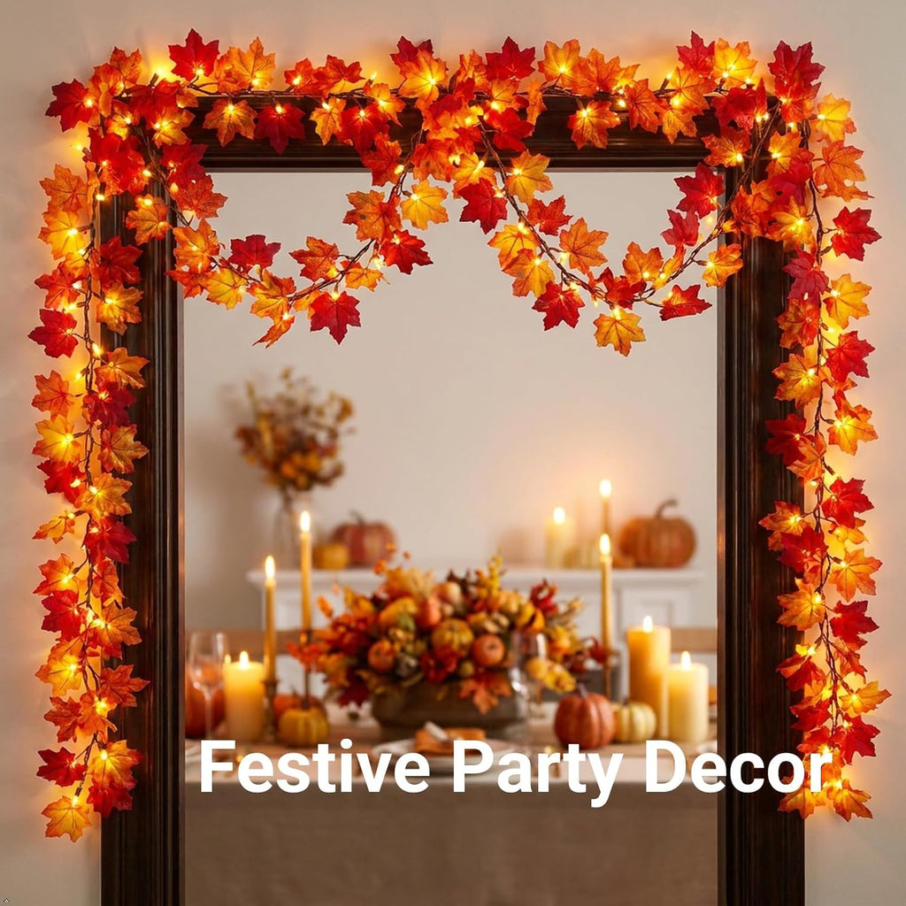 Fall Leaf Garland with Lights Plug In, 11FT Lighted Maple Leaf Garland with 50 Orange Bulbs, Connectable Fall Decorations for Home, Thanksgiving Halloween Mantel Stairs Porch Decor
