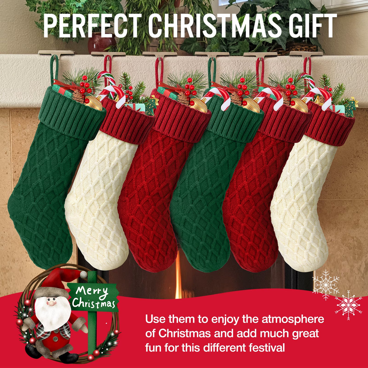 6Pcs Christmas Stockings, Large Xmas Stockings Double-Sided 18 Inches Fireplace Stockings for Family Christmas Decorations (Red,White,Green)
