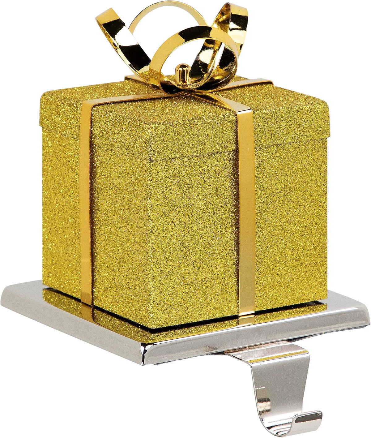 5.5" Glitter Gold and Silver Gift Box Metal Christmas Stocking Holder