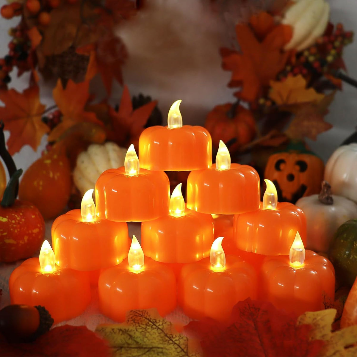 24 Pack Halloween Decorations Indoor Pumpkin Tea Lights Fall Table Decor