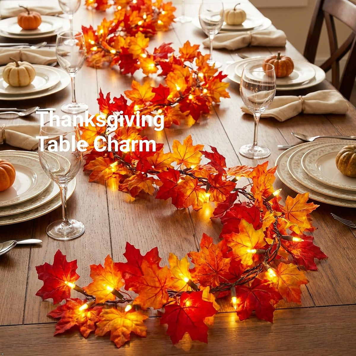 Fall Leaf Garland with Lights Plug In, 11FT Lighted Maple Leaf Garland with 50 Orange Bulbs, Connectable Fall Decorations for Home, Thanksgiving Halloween Mantel Stairs Porch Decor
