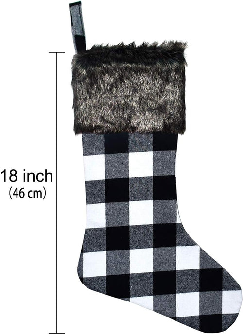 Christmas Stockings- 4 Pack 18" Black White Buffalo Plaid Christmas Stockings with Plush Faux Fur Cuff, Classic Large Christmas Stockings Decorations for Family Christmas Holiday Party Decor