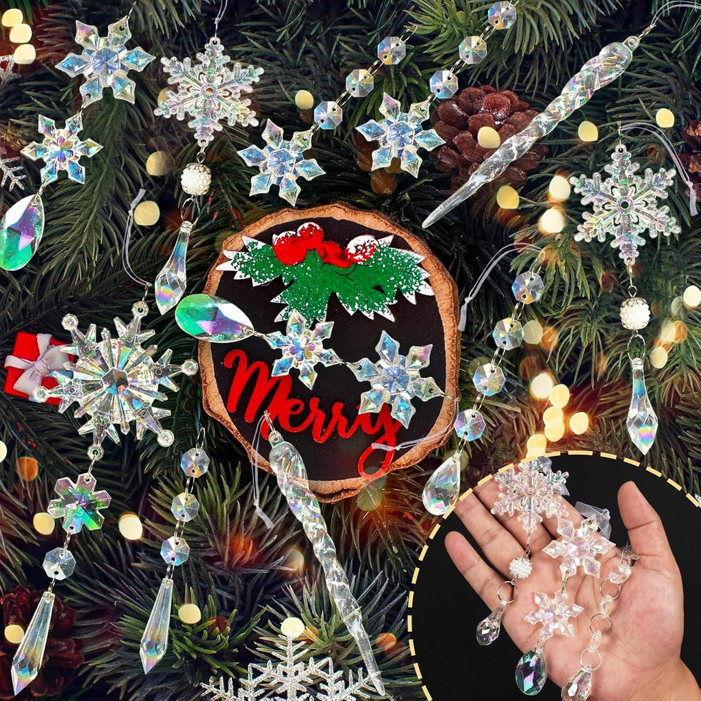Crystal Christmas Tree Ornaments, 48Pcs Iridescent Acrylic Snowflake Icicle