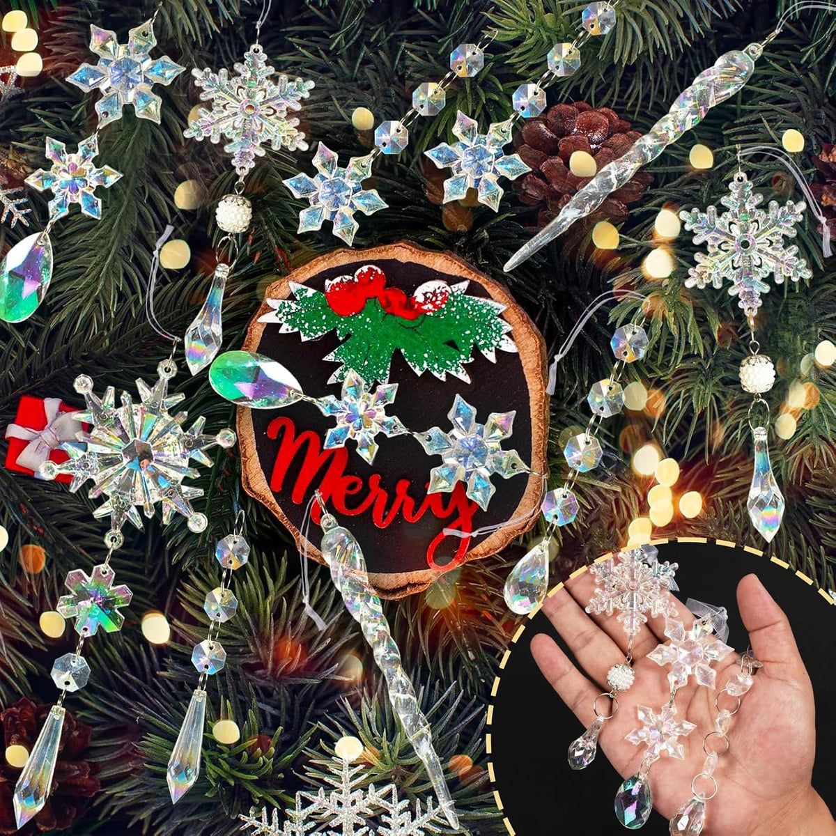 Crystal Christmas Tree Ornaments, 48Pcs Iridescent Acrylic Snowflake Icicle