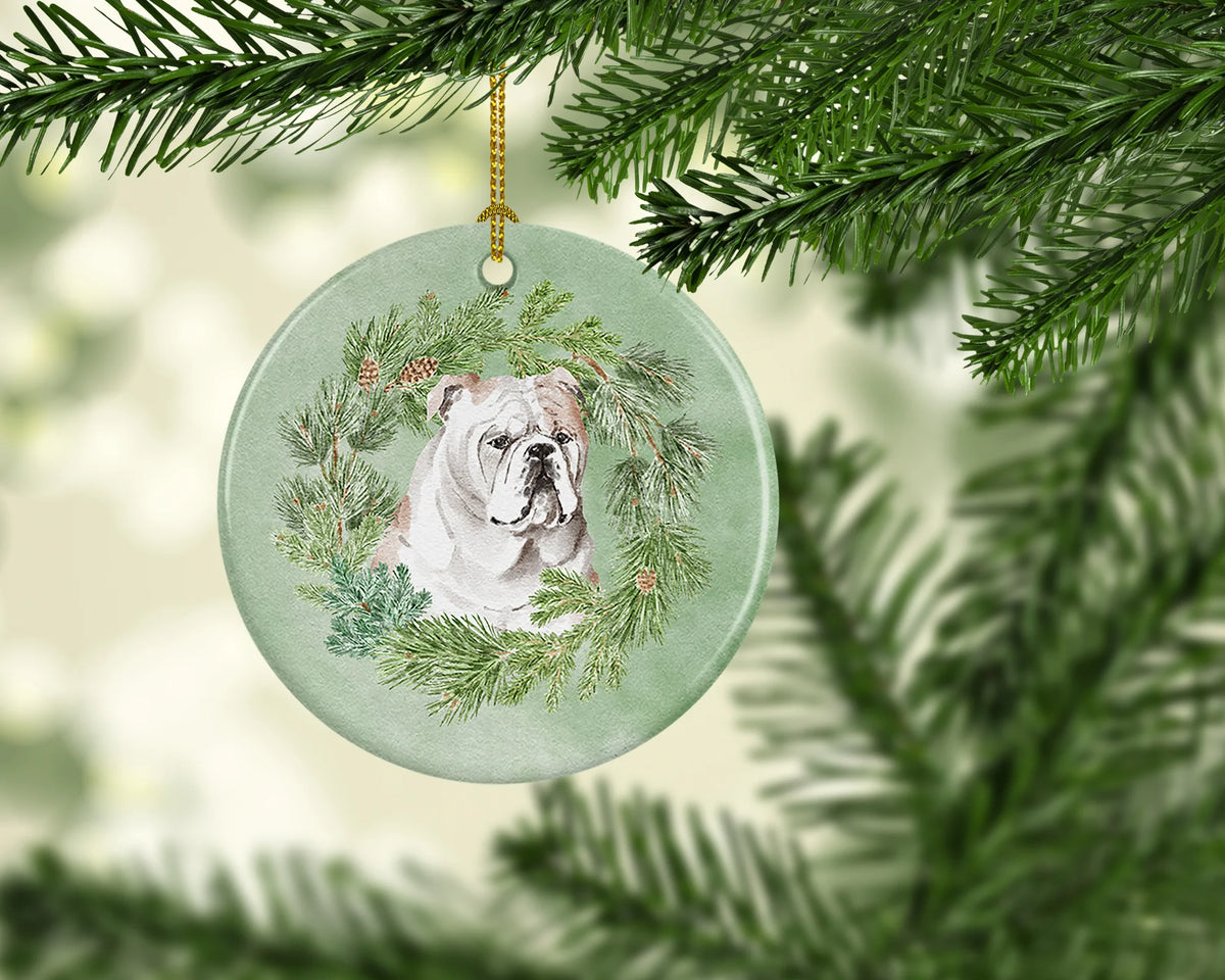 Bulldog Fawn Christmas Wreath Ceramic Ornament