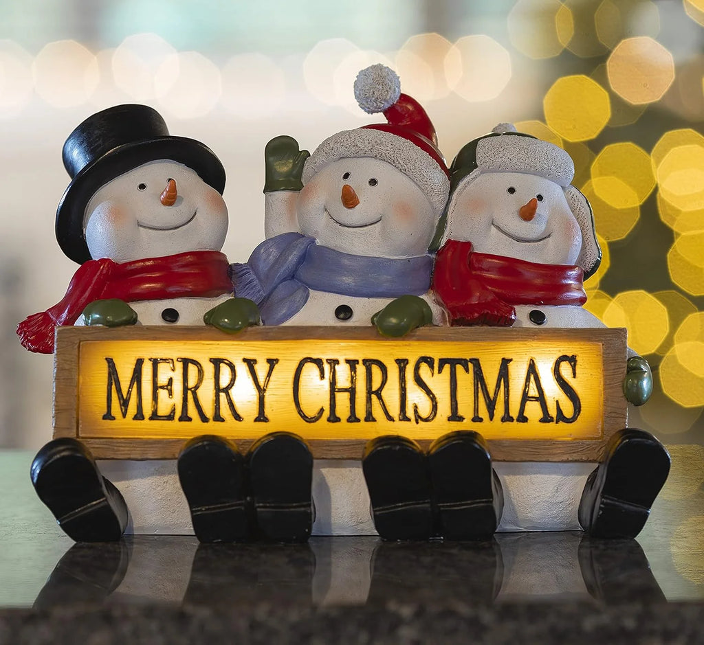 Lighted Snowman Merry Christmas Sign Trio