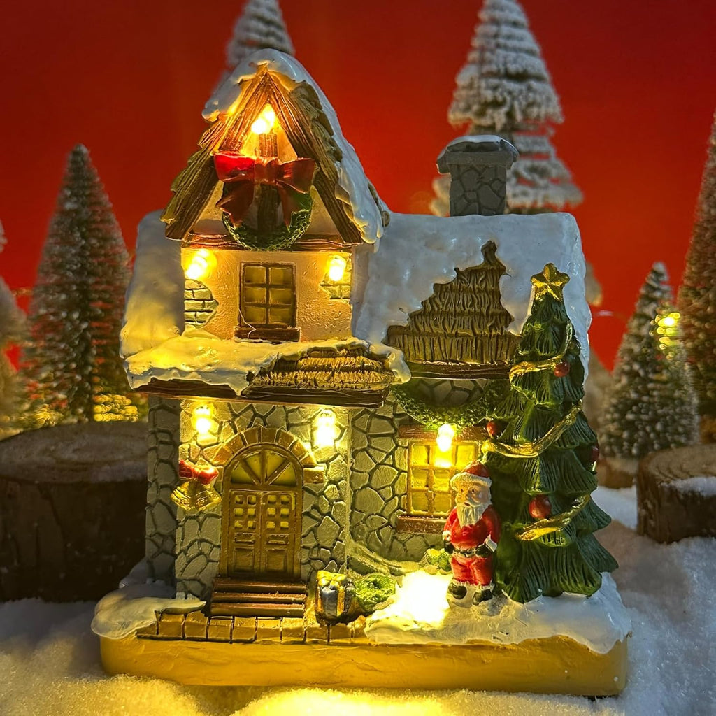 Christmas Village Houses with Warm Light, Battery Operate, Village Accessories Home Tabletop Decoration Xmas Gifts (A)