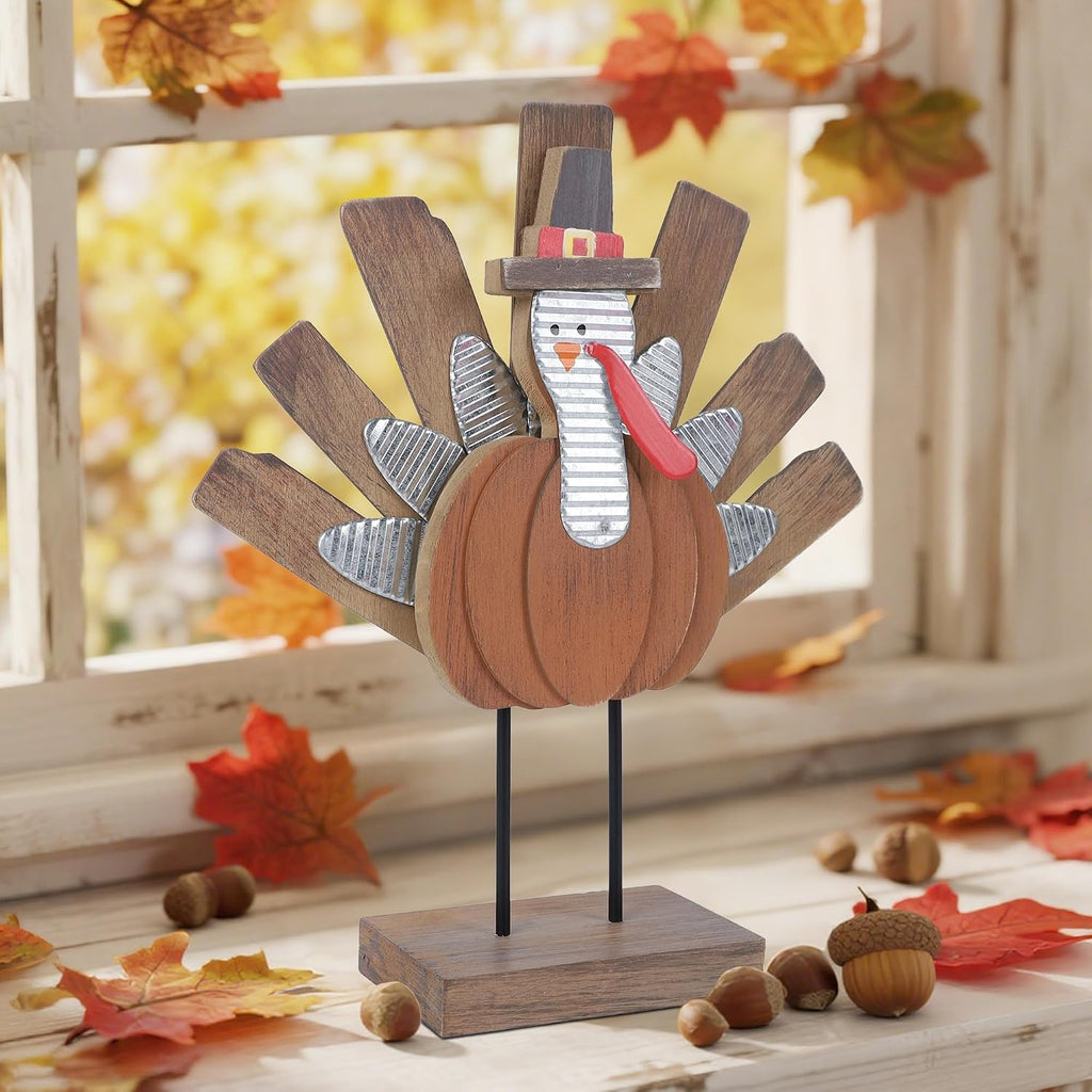 Thanksgiving Turkey Decoration, Wooden Indoor Standing Tabletop Turkey Decor for Home Office Bedroom Kitchen Thanksgiving Harvest Day Decorations