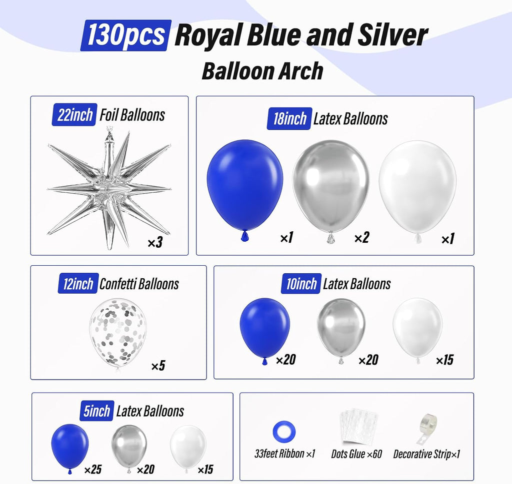 131Pcs Royal Blue and Silver Balloon Arch Garland Kit