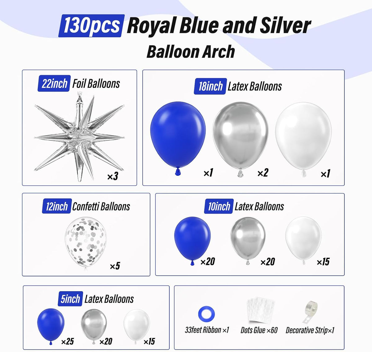 131Pcs Royal Blue and Silver Balloon Arch Garland Kit