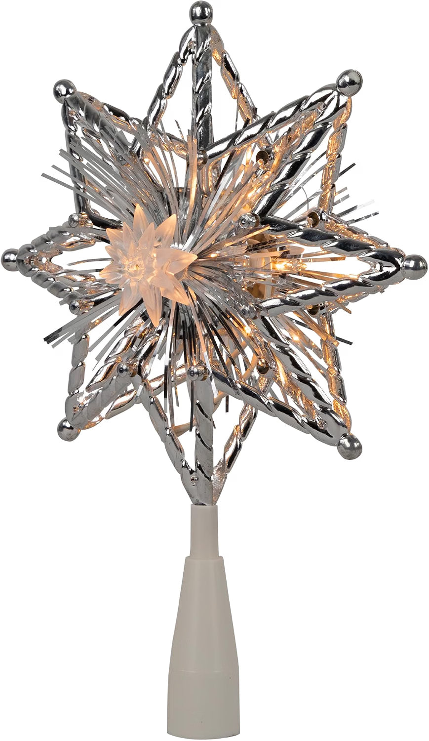 8" Lighted Silver Tinsel Star Christmas Tree Topper - Clear Lights, White Wire