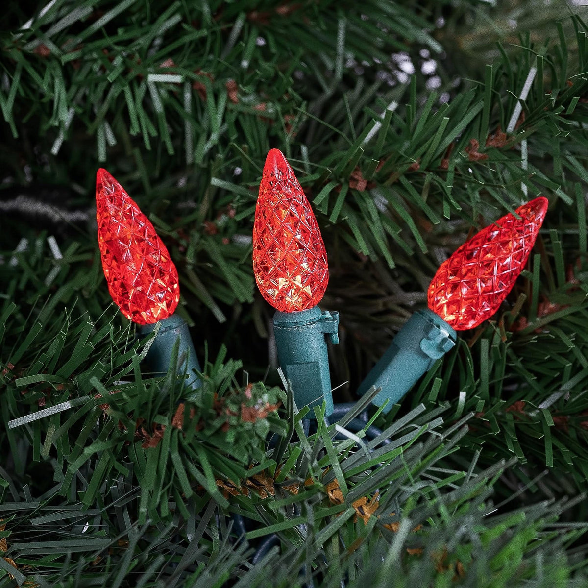 LED Faceted C6 Christmas Lights - Red - 23' Green Wire - 70Ct