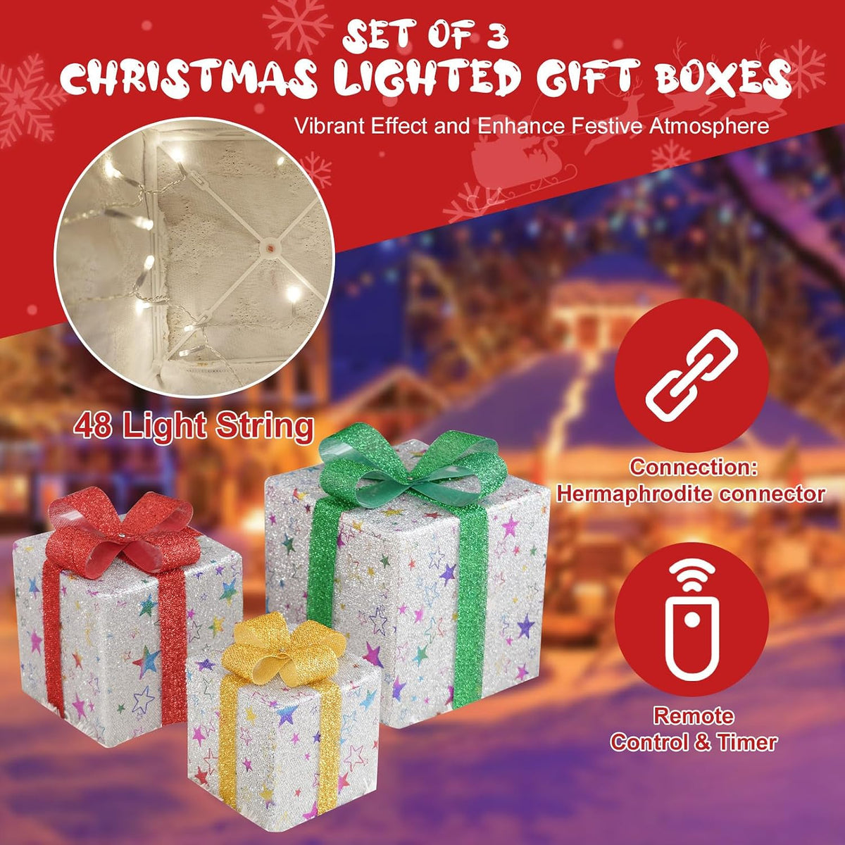 Christmas Lighted Gift Boxes Large, Set of 3 Light up Gift Boxes for Xmas Tree, Outdoor Lighted Christmas Decorations 48 LED Present Box Xmas Lighted Outdoor Display(Silver Star)