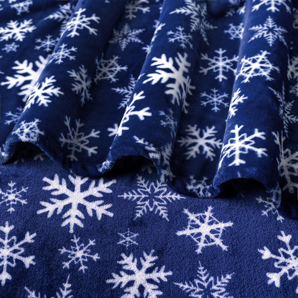 Christmas Snowflake Blanket, Navy Blue Winter Fleece Throw, 50X60
