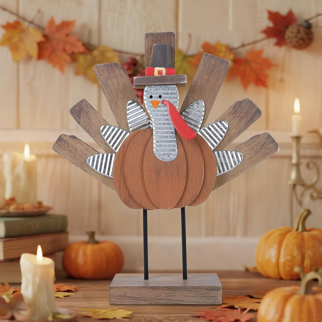 Thanksgiving Turkey Decoration, Wooden Indoor Standing Tabletop Turkey Decor for Home Office Bedroom Kitchen Thanksgiving Harvest Day Decorations