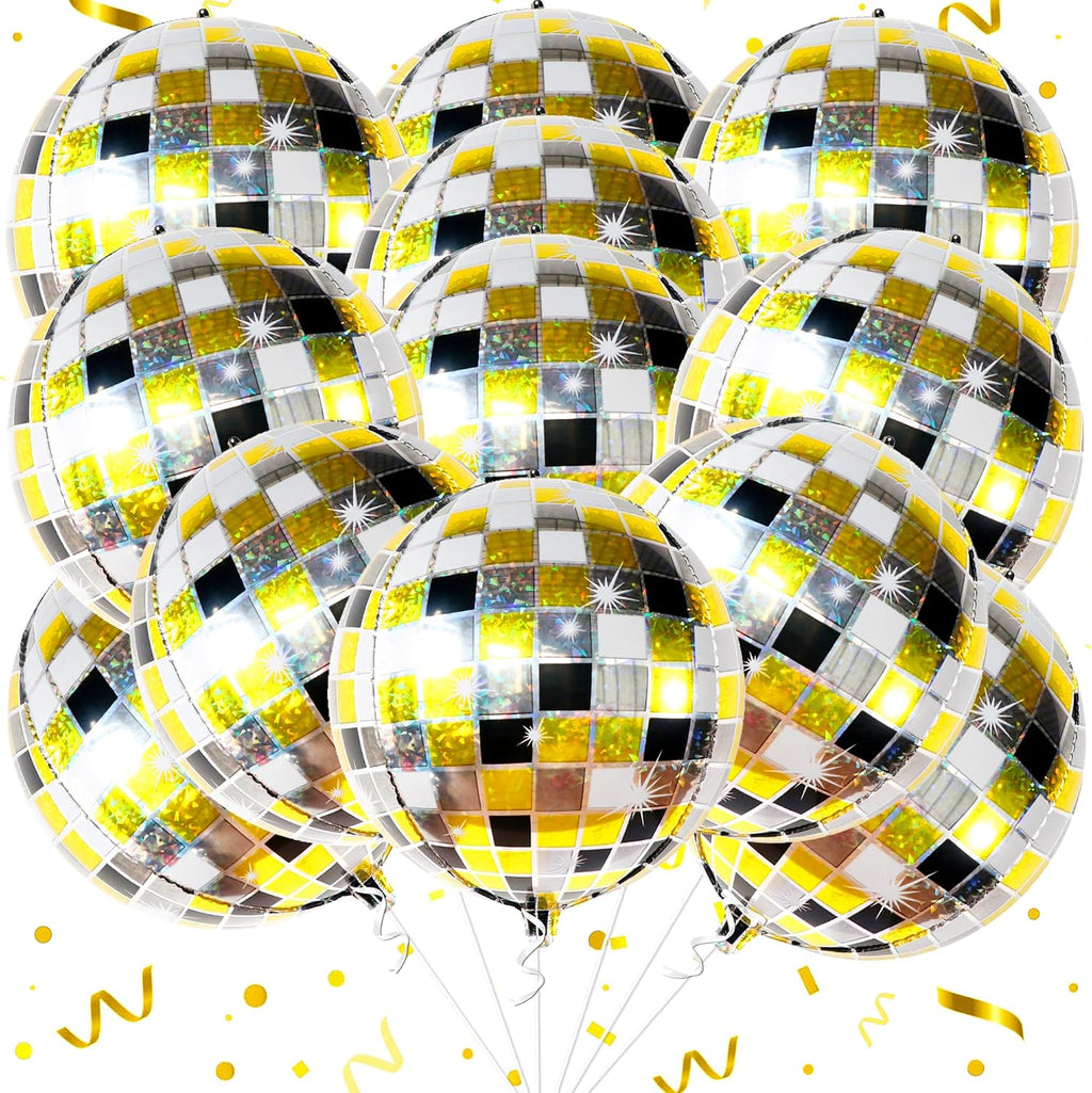 Gold & Black Disco Ball Foil Balloons, 22 Inch, Pack of 12