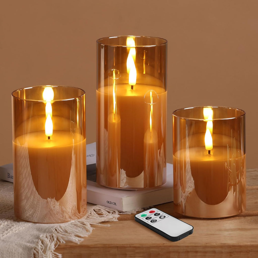 Gold Glass Flameless Pillar Candles with Remote (Set of 3)