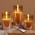 Gold Glass Flameless Pillar Candles with Remote (Set of 3)