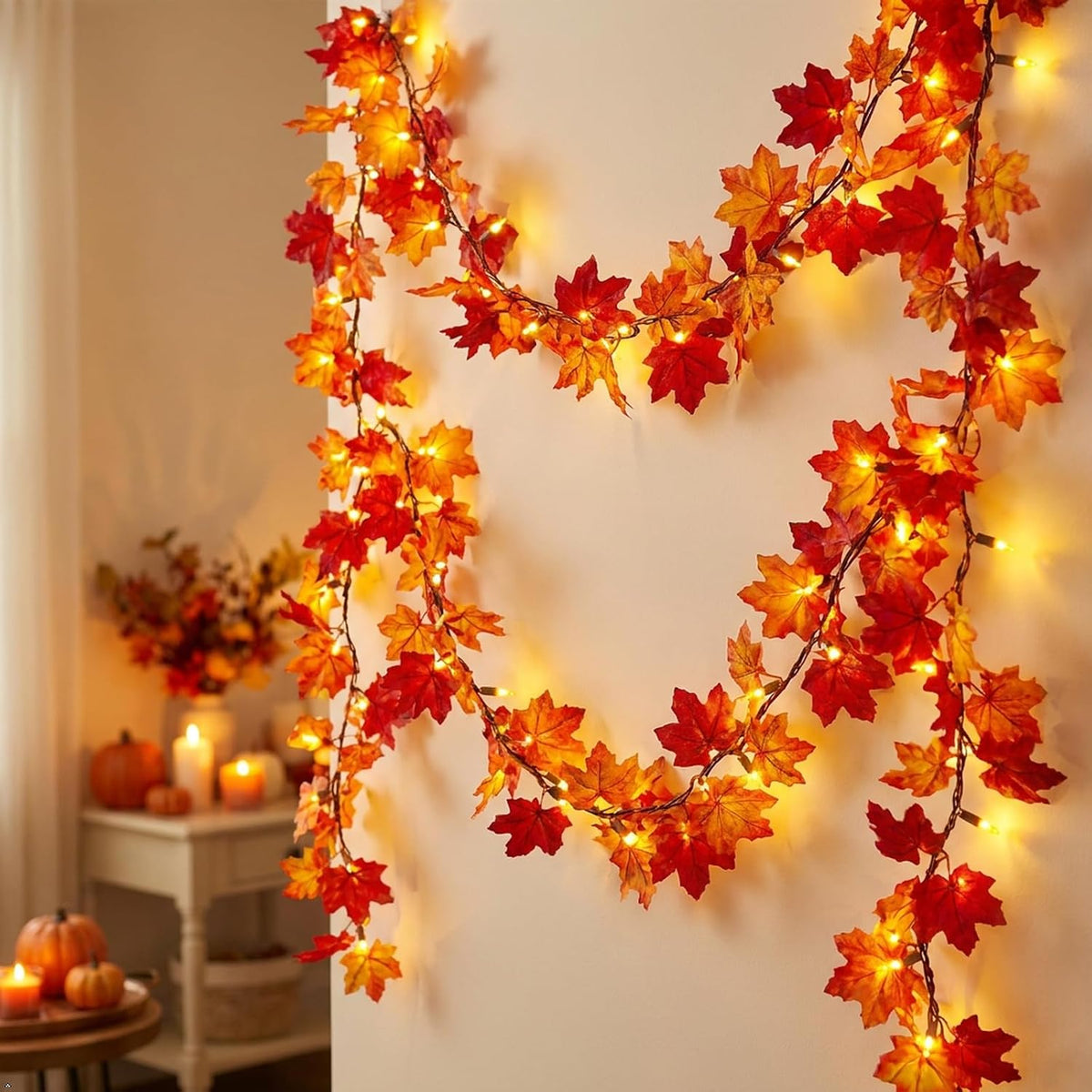 Fall Leaf Garland with Lights Plug In, 11FT Lighted Maple Leaf Garland with 50 Orange Bulbs, Connectable Fall Decorations for Home, Thanksgiving Halloween Mantel Stairs Porch Decor