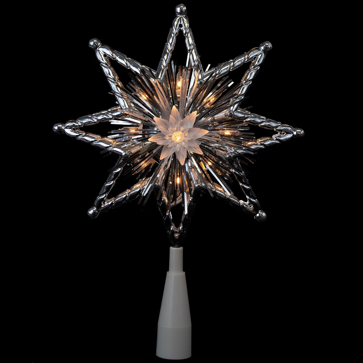 8" Lighted Silver Tinsel Star Christmas Tree Topper - Clear Lights, White Wire
